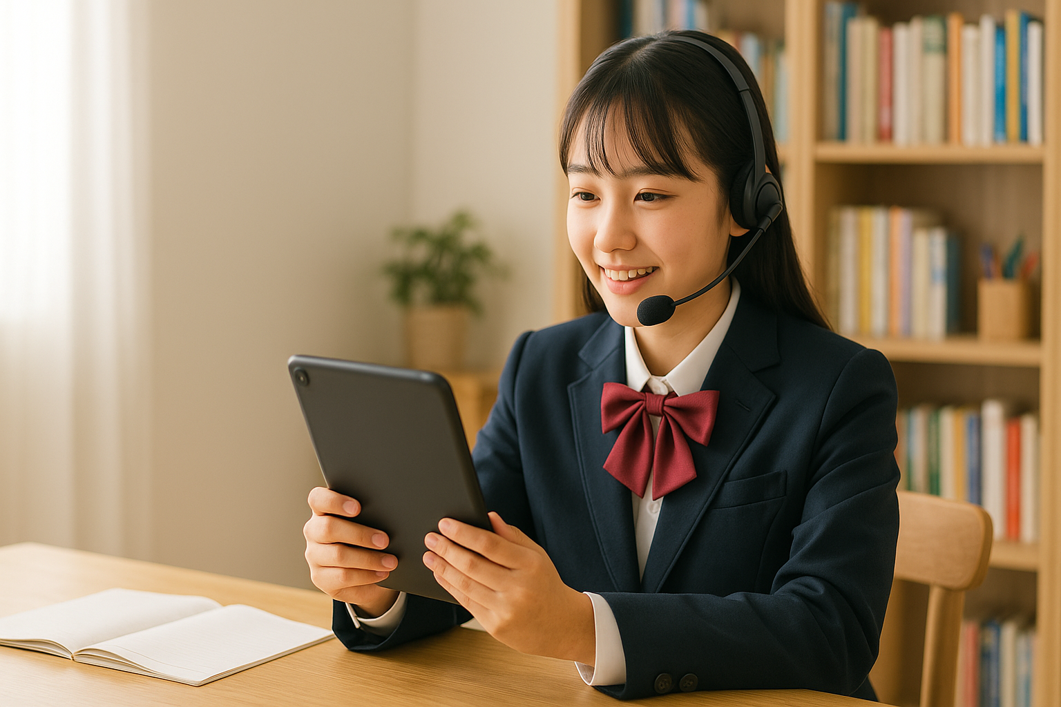 ヘッドセットとタブレットで自宅からスピーキングテストを受ける中学生