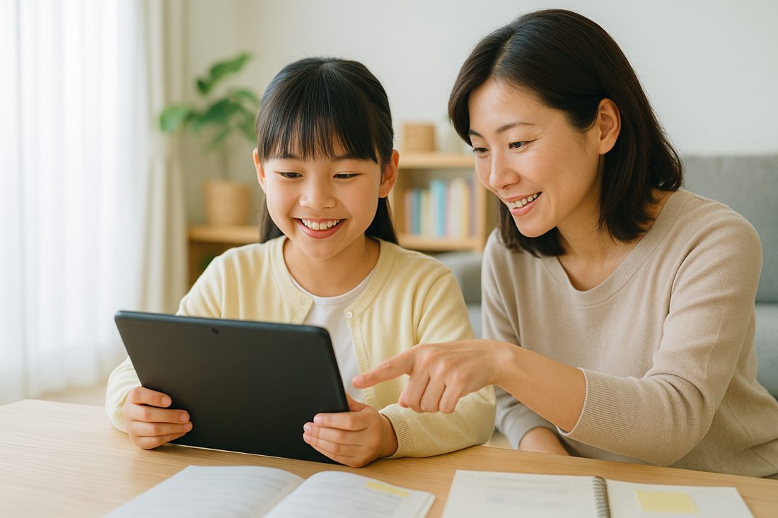 タブレットを一緒に見る親子